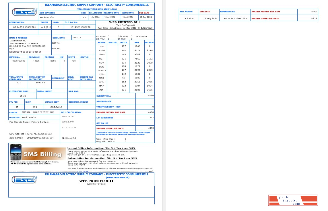 PAKISTAN IESC business utility bill Word and PDF template PSD template